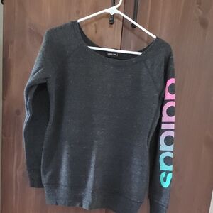 adidas Women's Dark Gray Crewneck Sweater with Pink-Blue Ombre Sleeve Logo